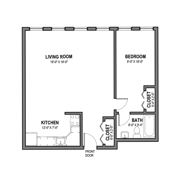 Floor plan for 1 bed, 1 bath, 700 sqft